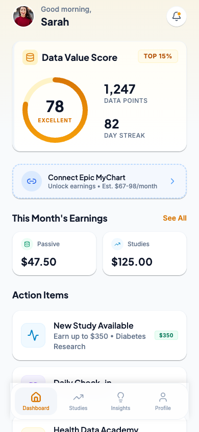 Ember home dashboard with data value score, day streak, and earnings overview